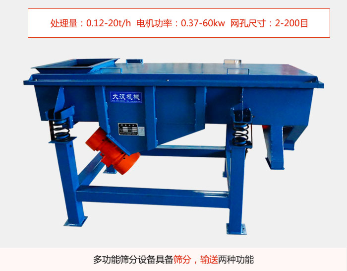 單層直線振動篩特點(diǎn)處理量：0.12-20t/h  電機(jī)功率：0.37-60kw  網(wǎng)孔尺寸：2-200目，多功能篩分設(shè)備具備篩分，輸送兩種功能。