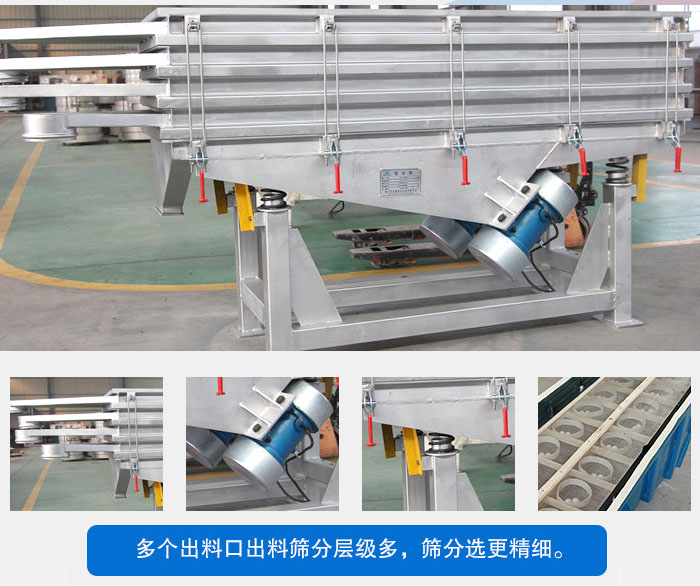多層直線振動篩結(jié)構(gòu)優(yōu)勢：出料口多層選擇，振動電機，震動彈簧減輕振動體的磨損，彈跳球和擋球環(huán)。