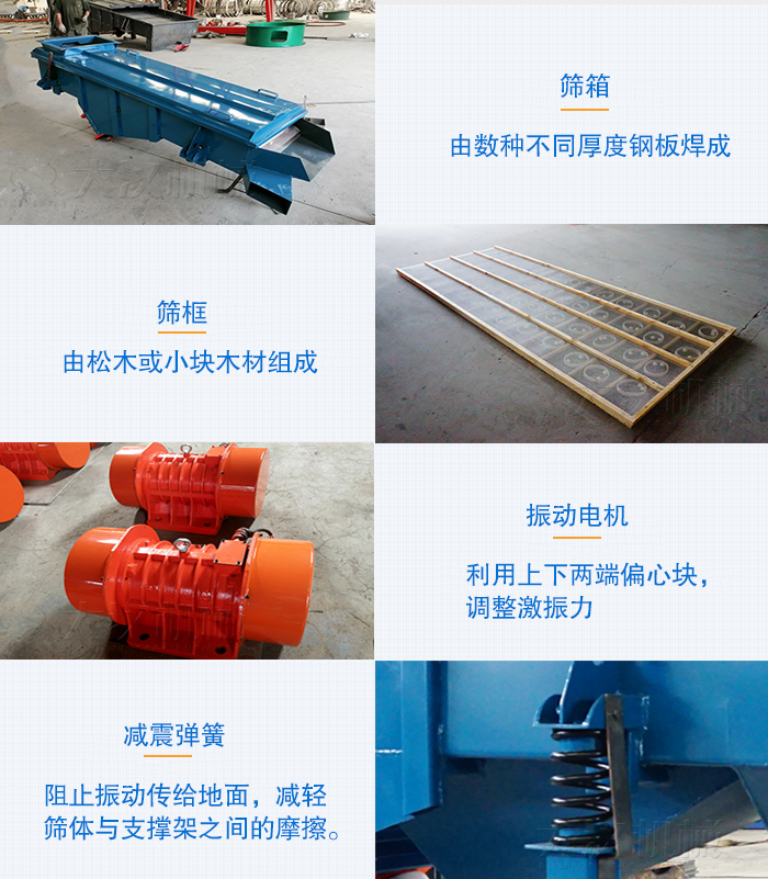 小型直線篩篩箱，篩框，振動電機，彈簧等部件圖片展示